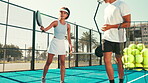 Padel tennis, coaching and practice with people on court for competition, sports and teaching. Game, workout and fitness club with man and woman learning for athlete, training and racket tournament