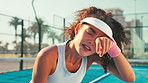 Sports, tired and woman with sweat on tennis court for game, match and competition outdoors. Fitness, padel and person with fatigue, breathe and rest for training, exercise and workout for practice