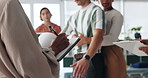 People, hands or writing for first aid training for rescue safety, demonstration lesson or education test. Paramedic, notebook or assessment for medical emergency, learning procedure or life saving
