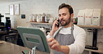 Man, waiter and tablet with phone call at cafe for online order, customer reviews and confirm takeaway. Person, discussion and digital for inventory, stock check and menu update for ecommerce payment