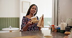Smile, woman and receive order at cafe for takeaway package, customer service and confirm purchase. Person, serving espresso and collect fast food, consumer checkout and hospitality industry at shop