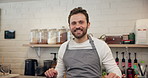 Face, happy man and owner in small business in cafe startup for hospitality, customer service and pride. Portrait, smile and professional barista in coffee shop, waiter and confident server in Italy