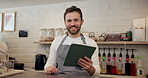 Tablet, man and face of barista in coffee shop with planning online menu for order service. Happy, portrait and male waitress from Italy with technology for inventory check in cafeteria or restaurant