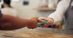 Hands, people and scan phone at cafe for payment of order, confirm takeaway and purchase transaction. Customer, waiter and nfc with machine of finance checkout, contactless system and rewards program