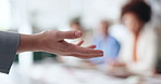 Explaining, hand and businesswoman in office for talking with company budget discussion. Meeting, conversation and closeup of female financial manager with communication for investment proposal.