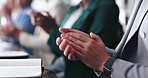 Applause, hands and meeting with business people in seminar or workshop for development and education. Clapping, motivation and success with employee team in convention center for goals or target