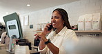 Order, phone call and tablet with woman in coffee shop for checkout, hospitality or service. Checklist, inventory or stock take with happy cashier speaking on mobile for online delivery schedule