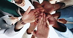 Office, business people and huddle with hands for celebration, investment success or applause by confetti. Below, employees or finance team with stack for motivation, glitter or financial achievement