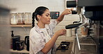 Cafe, making coffee and woman with machine, barista and customer service in small business and latte. Startup, waitress and person with cup for cappuccino, server or employee with order in restaurant
