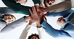 Office, business people and stack with hands for success, investment celebration or applause by confetti. Below, employees or finance team with huddle for motivation, glitter or financial achievement