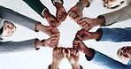 Office, business people and fist bump with hands for motivation, investment success and group celebration. Below, employees and finance team with gesture for solidarity, synergy and financial goals