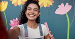 Artist, selfie and woman with brush, creative and photography of wall art for memory, face and confident. Mural, painter and person with picture for social media, influencer and proud of artwork