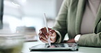 Closeup, hands or person with tablet for notes, ux design or writing with developer for software update. Office, business employee or web designer with digital pen for ui testing, information or tech