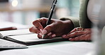 Business woman, hands and writing with notebook for planning, checklist or calendar schedule at desk. Employee, person and journal for notes, agenda or brainstorming for creative ideas in office