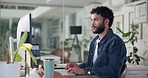 Businessman, computer and typing with keyboard for online research, browsing or web development at office desk. Man, employee or designer with technology for network, connection or communication