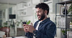 Office, happy and business man with phone for social media, networking and online contact on break. Creative worker, relax and person on smartphone for internet, communication and website at work