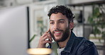 Phone call, discussion and man in office for explaining creative project to client at night. Cellphone, business and male magazine editor on mobile conversation for deadline management in workplace.