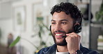 Happy, businessman and agent talking with headset for online advice or consultation at call center. Man, employee or consultant with smile on computer for customer service or tech support at office