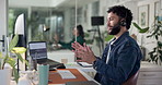Businessman, agent and talking with headset for online advice or consultation at call center. Man, employee or consultant with explanation on computer for customer service or tech support at office