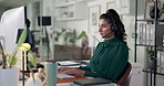 Business woman, consultant and talking with headset at call center for online communication or advice. Female person, employee or agent with technology for customer service, help or telemarketing