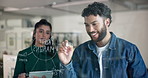 Business people, writing and tablet with glass board for planning, mindmap or profit margins. Businessman, woman or colleagues taking notes with graph, chart or brainstorming ideas at workplace