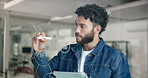 Businessman, writing and tablet with glass board for mindmap, planning or brainstorming at office. Man, employee or planner taking notes with technology for project ideas or schedule at workplace