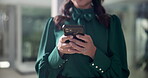 Hands, phone and text message with business woman closeup in office for alert, communication or notification. App, contact or update with professional employee typing on mobile for internet search