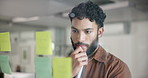 Businessman, thinking or brainstorming with sticky note for schedule planning on glass board at office. Male person, employee or thoughtful planner in wonder with smile for layout or project ideas