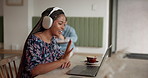 Happy woman, video call and laptop with headphones at cafe for online communication or virtual meeting. Female person, freelancer or student with smile or wave on computer for chat at coffee shop