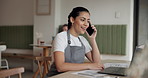 Coffee shop, waiter and woman on a phone call and laptop to order stock, products and online inventory. Restaurant, cafeteria and business owner on smartphone for contact, communication and talking