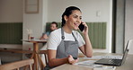 Coffee shop, talking and woman on a phone call and laptop for order stock, products and online inventory. Restaurant, cafeteria and business owner on smartphone for contact, communication and chat