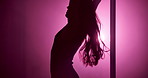 Woman, stage and pole dancer in shadow for dance, exotic performance and seduction in spotlight. Pink neon, aesthetic and performer in silhouette for burlesque, bright light or space in private venue