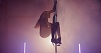 Pole dancing, spin and woman in club for performance, entertainment and choreography. Creativity, silhouette and person with neon, lights and sensual dancer for confidence, burlesque and routine