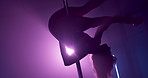 Pole dancing, silhouette and neon with woman in club for exotic performance, light and burlesque. Stage choreography, artist and dancer with person in studio for nightclub, entertainment and music