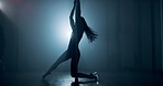 Pole dance, woman and silhouette at club, flexible and creativity with body, art and concert at night. Person, exotic dancer and costume for private show, performance or fantasy in dark with mystery