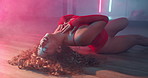 Floor, stage and exotic dance with woman in neon for sensual art, performance and movement. Body, happy beauty and burlesque dancing with lights, sexy choreography and lingerie show at night club