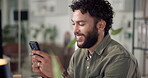 Man, phone and texting in office with discussion for project management at web design company. Person, smartphone and smile with agreement, message review and feedback negotiation at creative agency