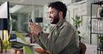 Man, phone and typing in office with discussion for project management at web design company. Person, smartphone and smile with agreement, message review and feedback negotiation at creative agency