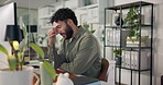 Tired, headache and computer with business man in office for overtime, burnout and stress. Inflammation, fatigue and pressure with frustrated person in agency for mental health, migraine and risk