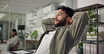 Relax, stretching and calm with business man in office for satisfaction, feedback approval and journalism review. Resting, article publishing and deadline completed with person in creative startup