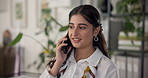 Woman, phone call and agreement in office with discussion for project management at web design company. Person, smartphone and smile with thinking, review and feedback negotiation at creative agency