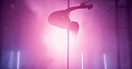 Neon light, pole dancing and woman with silhouette in nightclub, sexy and exotic choreography. Erotic dancer, performance and girl moving with flexibility, burlesque and spin for show with smoke