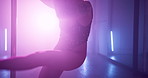 Nightclub, pole dancing and body of woman with neon light, sexy and butt for exotic choreography. Erotic dancer, sensual performance and girl moving to music for entertainment, burlesque show and art