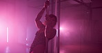 Exotic, dancing and woman at night, pole and dancer with balance for show, talent and routine for career. Flexibility, artist and person with elegance for event, active and performer with outfit