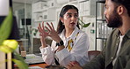 Computer, office and business people in meeting for planning, strategy and discussion for project. Professional, web design agency and man and woman on pc for teamwork, collaboration and feedback