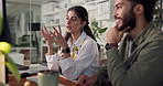 Computer, creative and business people in meeting for planning, strategy and discussion for project. Professional, web design agency and man and woman on pc for teamwork, collaboration and feedback