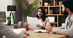 Documents, conversation and business people in office, meeting and planning for budget. Teamwork, group and employees with paperwork, report for profit growth and discussion with accounting or review
