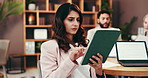 Tablet, office and confused woman in meeting for finance with research, mistake and sales report. Schedule, risk management and frustrated businesswoman with digital app, budget agenda and workshop