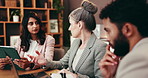Meeting, documents and people in office for legal consulting, case review and strategy. Professional, attorney team and men and women with paperwork for discussion, agreement and business deal