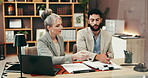Meeting, manager and intern documents, discussion and legal research for case, lawyer and colleagues. Law firm, mature woman and explaining justice system to man, paperwork and preparation for trial